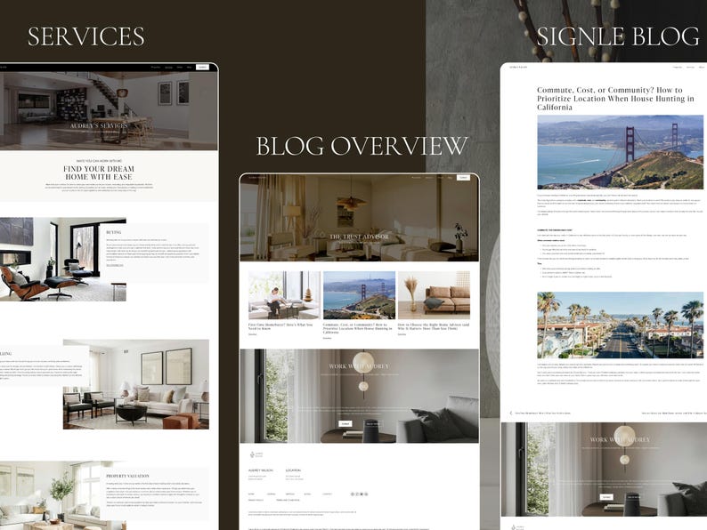 Op de afbeelding: Een digitale weergave van drie website-paginalay-outs met de labels Services, Blog Overview en Single Blog. De ontwerpen bevatten witte achtergronden, schreefletters en fotografische afbeeldingen van interieurs en de Golden Gate Bridge.
