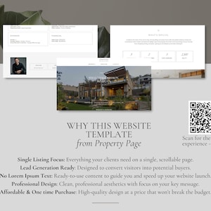 May include: A digital website template for real estate listings featuring a hero image of a modern house, property details, financial information, and a QR code for mobile access. The layout includes sections for property features, agent contact, and text.