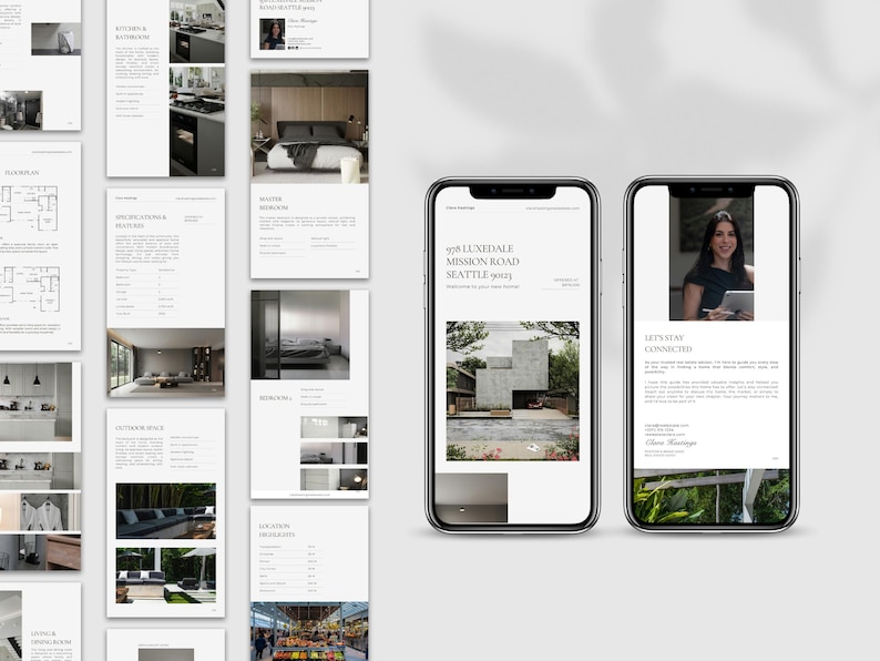 May include: Two smartphones displaying real estate listing information. One shows a modern home exterior with the address 978 LUXEDALE MISSION ROAD SEATTLE 98103. The other phone shows a woman and the text "LET'S STAY CONNECTED". Various property details are on the left.