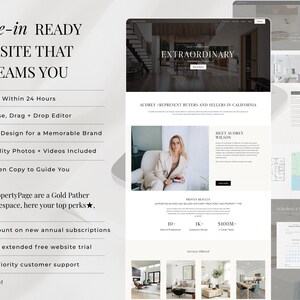 Op de afbeelding: Een digitale website-template voor makelaars met een strakke lay-out, een hoofdafbeelding, een professionele biografie, diensten en contactformulieren. Het ontwerp bevat tekstkoppen zoals move-in READY WEBSITE THAT SCREAMS YOU en EXTRAORDINARY, een neutraal kleurenpalet en georganiseerde secties voor vastgoedaanbod en klantbeoordelingen.