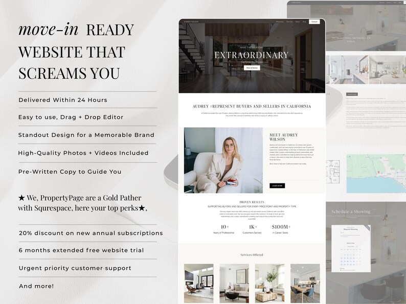 Op de afbeelding: Een digitale website-template voor makelaars met een strakke lay-out, een hoofdafbeelding, een professionele biografie, diensten en contactformulieren. Het ontwerp bevat tekstkoppen zoals move-in READY WEBSITE THAT SCREAMS YOU en EXTRAORDINARY, een neutraal kleurenpalet en georganiseerde secties voor vastgoedaanbod en klantbeoordelingen.