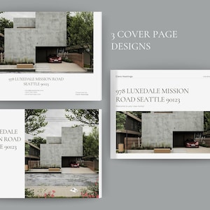 May include: Three cover page designs for a real estate listing. Each design features a modern home with a red car in the driveway. The address "978 Luxedale Mission Road Seattle 90123" is displayed on each cover.