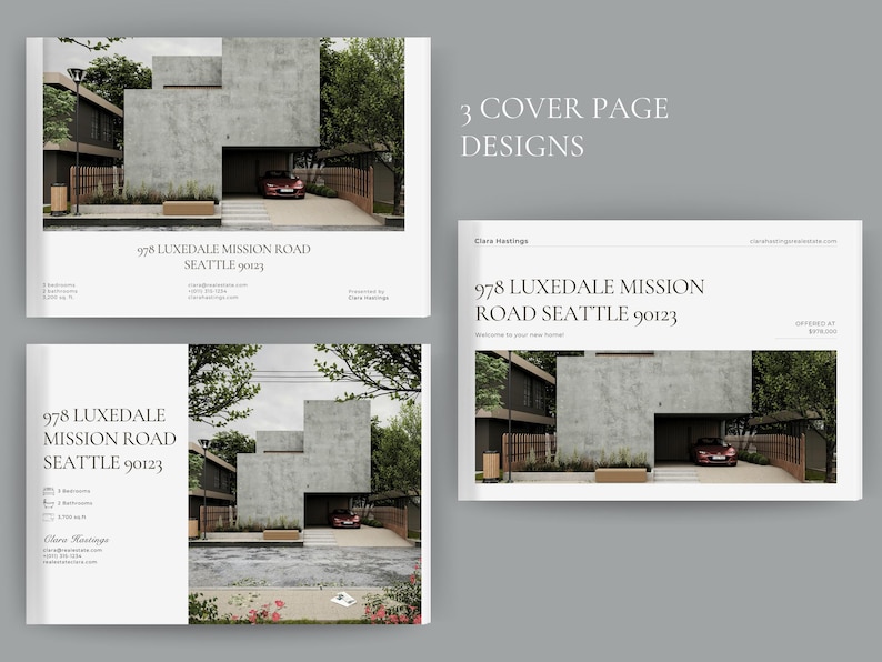 May include: Three cover page designs for a real estate listing. Each design features a modern home with a red car in the driveway. The address "978 Luxedale Mission Road Seattle 90123" is displayed on each cover.