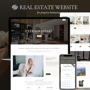 May include: A real estate website design displayed on a laptop, tablet, and smartphone. The website features the text "REAL ESTATE WEBSITE" and "EXTRAORDINARY." The smartphone shows a calendar for scheduling showings. The website is for property businesses.