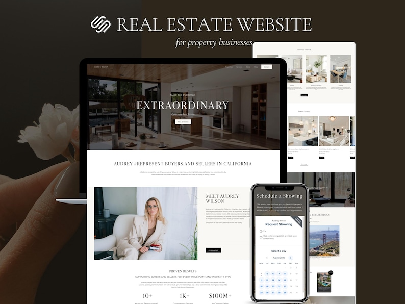 Op de afbeelding: Een digitale weergave van een vastgoedwebsite voor bedrijven, met een laptopscherm dat een startpagina toont met de tekst EXTRAORDINARY en AUDREY REPRESENT BUYERS AND SELLERS IN CALIFORNIA, naast een smartphone met een kalenderweergave.