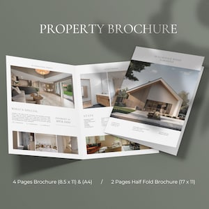 Pode incluir: Brochura de imóveis com o título "PROPERTY BROCHURE" em fonte serif. A brochura está aberta, exibindo imagens internas e externas de propriedades. A brochura tem 21,6 x 27,9 cm e tamanho A4. Uma segunda brochura está dobrada, medindo 43,2 x 27,9 cm.