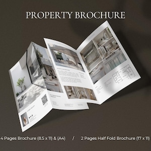 Op de afbeelding: Een opengevouwen vastgoedbrochure met interieur- en exterieurfoto's van een huis. De brochure is wit met zwarte tekst, met de titel "PROPERTY BROCHURE" bovenaan. De brochure is een brochure van 4 pagina's (21,6 x 27,9 cm) en (A4) of een halfgevouwen brochure van 2 pagina's (43,2 x 27,9 cm).