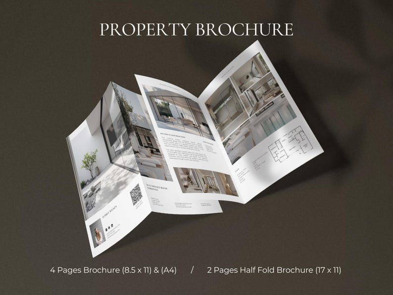 Op de afbeelding: Een opengevouwen vastgoedbrochure met interieur- en exterieurfoto's van een huis. De brochure is wit met zwarte tekst, met de titel "PROPERTY BROCHURE" bovenaan. De brochure is een brochure van 4 pagina's (21,6 x 27,9 cm) en (A4) of een halfgevouwen brochure van 2 pagina's (43,2 x 27,9 cm).