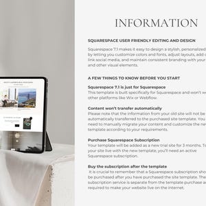 Op de afbeelding: Een tablet met een websitetemplate getiteld "BEAUTY CALIFORNIA REAL ESTATE BRAND" naast een tekstblok "INFORMATION" met details over de gebruiksvriendelijke bewerking, het ontwerp en de vereisten voor Squarespace 7.1.