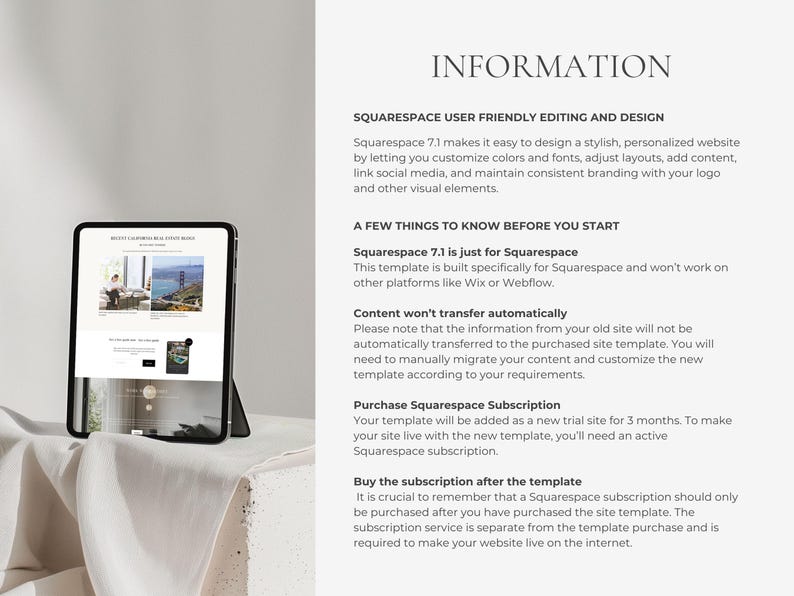 Op de afbeelding: Een tablet met een websitetemplate getiteld "BEAUTY CALIFORNIA REAL ESTATE BRAND" naast een tekstblok "INFORMATION" met details over de gebruiksvriendelijke bewerking, het ontwerp en de vereisten voor Squarespace 7.1.