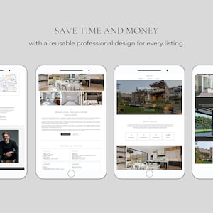 May include: Four white smartphone screens displaying real estate website templates with property photos, floor plans, and text. The top of the image features the text: SAVE TIME AND MONEY with a reusable professional design for every listing.