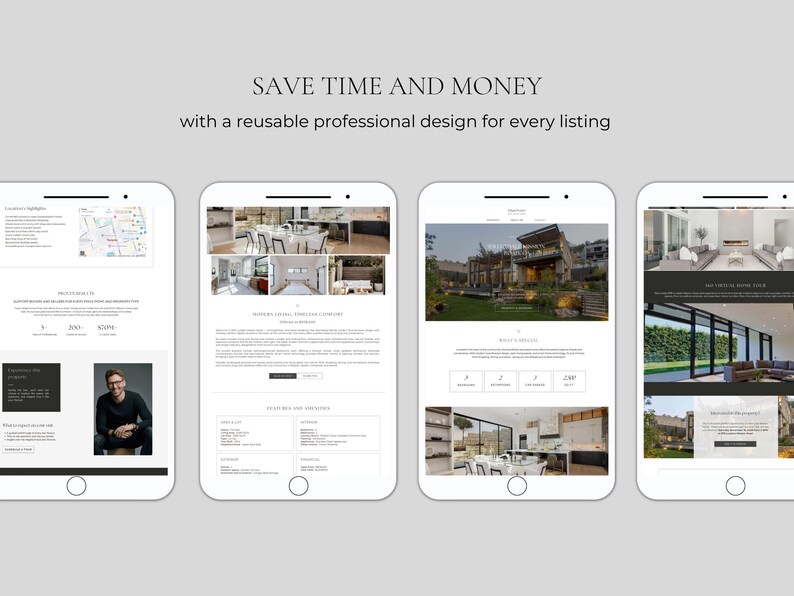 May include: Four white smartphone screens displaying real estate website templates with property photos, floor plans, and text. The top of the image features the text: SAVE TIME AND MONEY with a reusable professional design for every listing.