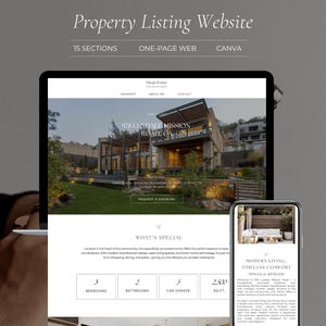 Op de afbeelding: Een laptop en een smartphone tonen een website voor vastgoedadvertenties. De website toont een modern huis met de tekst "Property Listing Website", "15 Sections", "One-Page Web" en "Canva". De smartphone toont "Modern Living, Timeless Comfort".