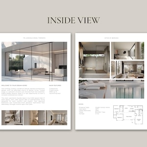 Op de afbeelding: Een brochure getiteld "INSIDE VIEW" toont een moderne residentie. De brochure bevat interieur- en exterieurbeelden van het huis, waaronder een woonkamer, badkamer en zwembad. Tekst beschrijft de kenmerken van het huis, waaronder 3 slaapkamers, 2 badkamers en een oppervlakte van 185,8 m&sup2;.