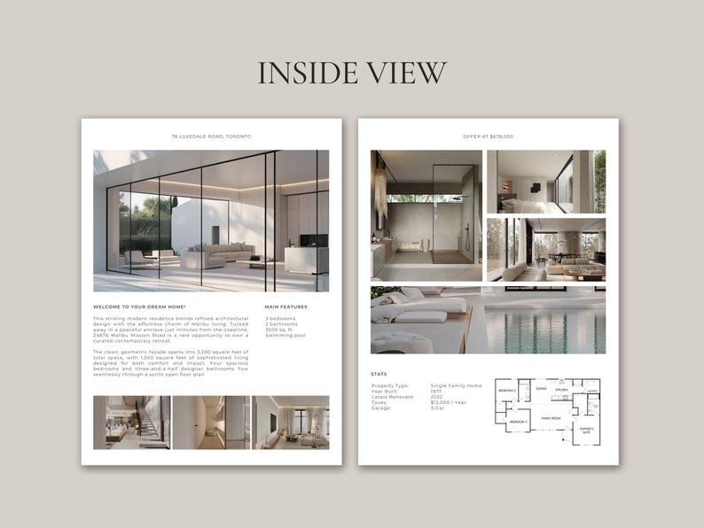 Op de afbeelding: Een brochure getiteld "INSIDE VIEW" toont een moderne residentie. De brochure bevat interieur- en exterieurbeelden van het huis, waaronder een woonkamer, badkamer en zwembad. Tekst beschrijft de kenmerken van het huis, waaronder 3 slaapkamers, 2 badkamers en een oppervlakte van 185,8 m&sup2;.