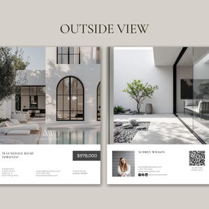 Op de afbeelding: Een vastgoedadvertentie met een modern huis met een zwembad en zitplaatsen buiten. De afbeelding is verdeeld in twee secties, met de tekst "OUTSIDE VIEW" bovenaan. De aanbieding bevat het adres en de naam Audrey Wilson.