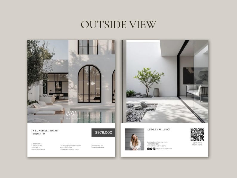Op de afbeelding: Een vastgoedadvertentie met een modern huis met een zwembad en zitplaatsen buiten. De afbeelding is verdeeld in twee secties, met de tekst "OUTSIDE VIEW" bovenaan. De aanbieding bevat het adres en de naam Audrey Wilson.