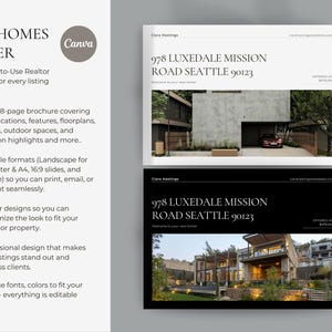 May include: A brochure design for real estate listings. The brochure features a modern home exterior with the address "978 LUXEDALE MISSION ROAD SEATTLE 90123". The text "SELL HOMES FASTER" is displayed, along with Canva's logo.