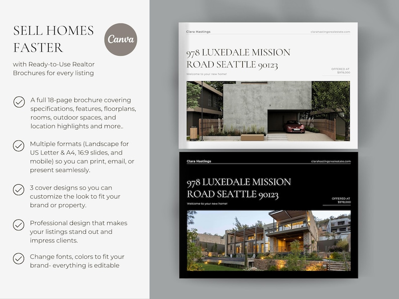 May include: A brochure design for real estate listings. The brochure features a modern home exterior with the address "978 LUXEDALE MISSION ROAD SEATTLE 90123". The text "SELL HOMES FASTER" is displayed, along with Canva's logo.