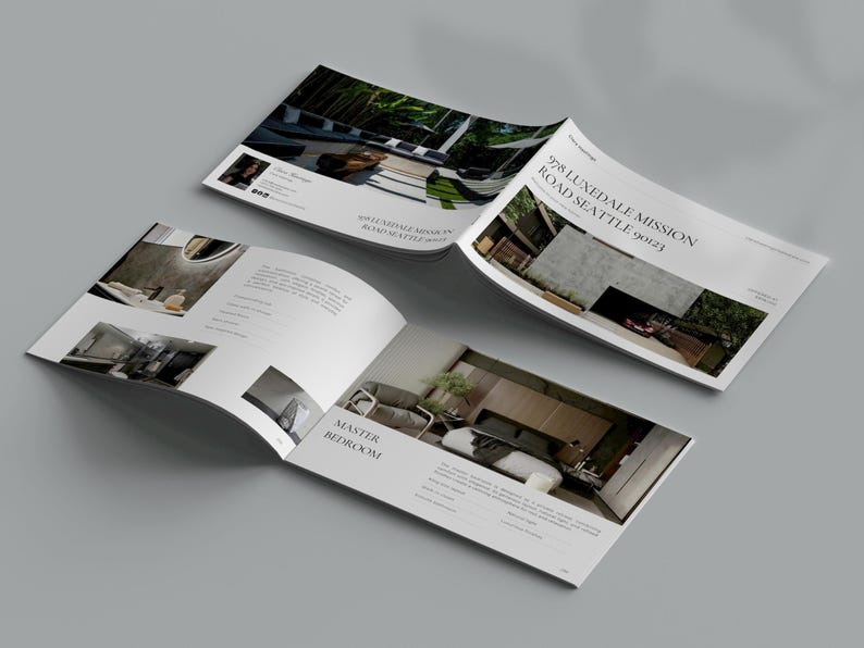 May include: Two open brochures with interior design photos and text. One brochure displays a bathroom, and the other shows a bedroom. The text includes "978 LUXEDALE MISSION ROAD SEATTLE 90123" and "MASTER BEDROOM."