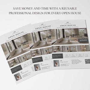 May include: Three open house flyers with a modern interior design photo. The flyers have the text "OPEN HOUSE" and "SAVE MONEY AND TIME WITH A REUSABLE PROFESSIONAL DESIGN FOR EVERY OPEN HOUSE". The flyers also include a photo of a modern living room.