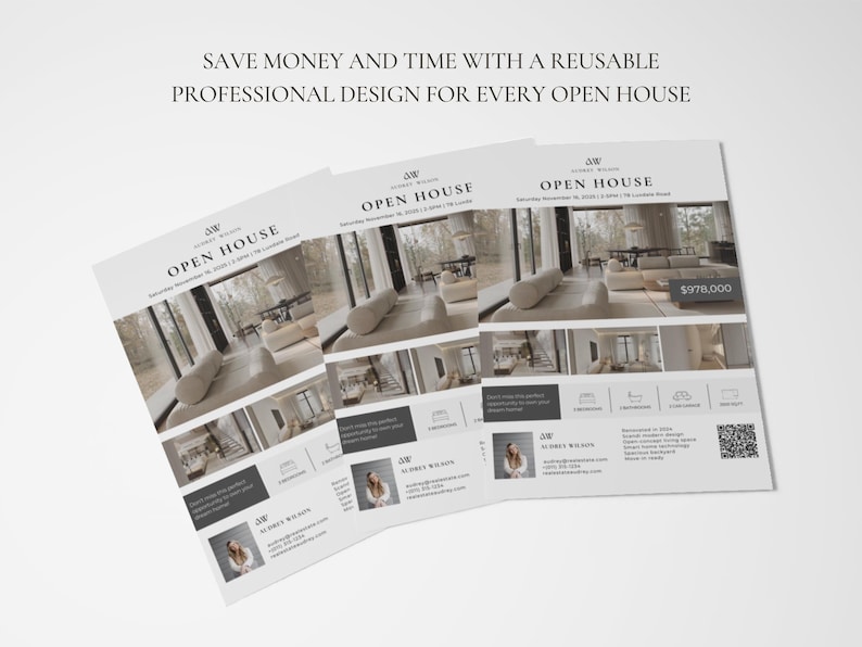 May include: Three open house flyers with a modern interior design photo. The flyers have the text "OPEN HOUSE" and "SAVE MONEY AND TIME WITH A REUSABLE PROFESSIONAL DESIGN FOR EVERY OPEN HOUSE". The flyers also include a photo of a modern living room.