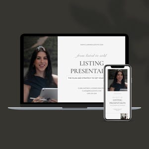 Könnte beinhalten: Ein Laptop und ein Smartphone, die eine digitale Immobilien-Präsentation anzeigen. Auf dem Bildschirm steht der Text "from listed to sold", "LISTING PRESENTATION", "THE PLAN AND STRATEGY TO GET YOUR" sowie die Kontaktdaten von Clara Hastings.