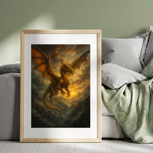 Majestic Golden Dragon Poster – Fantasy Wall Art Print, Mythical Creature Decor for Bedroom, Office or Gamer Room, Gift for Dragon Fans