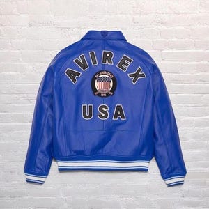 Avirex USA Blue Leather Jacket  Vintage All American Bomber  Premium Varsity Style  1975 NY Patch  Bold Streetwear for Men gift for him