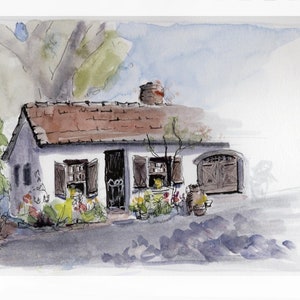 May include: Watercolor painting of a small white cottage with a red tile roof. The cottage has a brown door and windows with shutters. There are flowers in pots in front of the cottage.