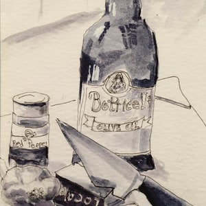 May include: A black and white watercolor illustration of kitchen items. A bottle of Botticelli olive oil, a knife, a stack of Red Pepper, a pepper, and a stick of Cabot butter are visible.