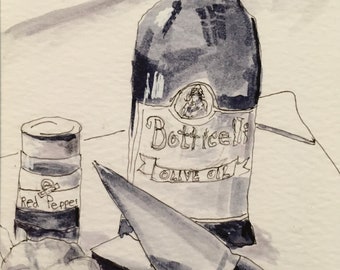 Scratchy Husband Pasta, ink and wash   8 x 10 inch matted giclee