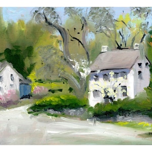 May include: An impressionistic painting of a rural scene featuring two white buildings with gray roofs, surrounded by lush green foliage and a light blue sky. A road leads towards the buildings. The artwork is signed in the bottom right corner.