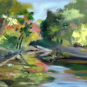 May include: An impressionistic landscape painting depicting a tranquil scene with a body of water reflecting the surrounding trees. The artwork features a palette of greens, blues, and touches of red and yellow, creating a sense of depth and natural beauty.