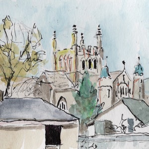 May include: Watercolor painting of a building with a tall tower and a pointed roof. The building is surrounded by other buildings and trees. The painting is done in a loose, expressive style.