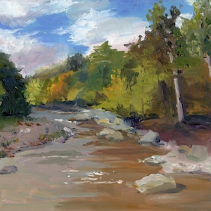 May include: A painting of a stream flowing through a forest. The stream is brown and the forest is green with some yellow and orange leaves. The sky is blue with white clouds.