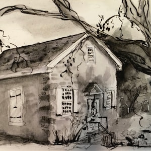 May include: Ink wash painting of a small house with a stone facade, shutters, and a gabled roof. A large tree branch arches over the roof. The artwork is signed "EWY" in the lower right corner.