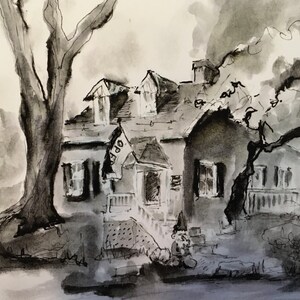 May include: Ink wash painting of a quaint house with a flag that says "OPEN". A large tree frames the house, and a small gnome statue is on the porch. The artwork is in shades of gray and black.