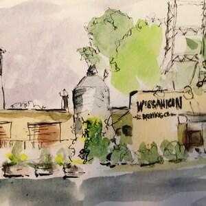 May include: A watercolor painting of a brewery building with a sign that reads "Wissahickon Brewing Co."