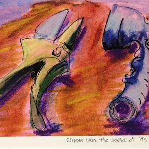 May include: Watercolor painting of two abstract objects. One is green and yellow, resembling shears. The other is blue, with a trumpet-like shape. The text at the bottom reads "Clipper likes the sound of its own voice."