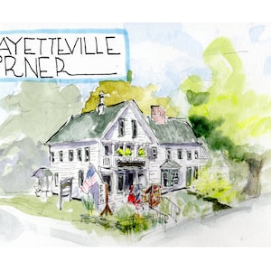 May include: Watercolor illustration of a white building with a green roof, an American flag, and the text "FAYETTEVILLE CORNER". The building has a porch and is surrounded by green trees and foliage. An "OPEN" sign is visible.