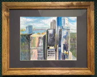 NY Skyline, mixed media painting, framed