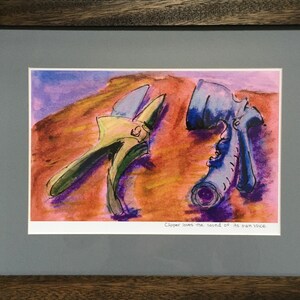 May include: Watercolor painting of two abstract forms in shades of green and blue on a brown and purple background. The artwork is framed in a wooden frame and includes the text "Clipper loves the sound of its own voice."
