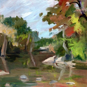 May include: An oil painting depicts a serene river scene. The water reflects the surrounding trees, with green and red foliage. The sky is a pale blue with soft clouds. The artwork has a painterly style with visible brushstrokes.