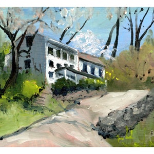 May include: An impressionistic painting of a white building with a porch, set amidst lush greenery and trees. A winding road leads towards the building, with a blue sky peeking through the trees. The artist's initials, "EW", are visible in the lower right corner.