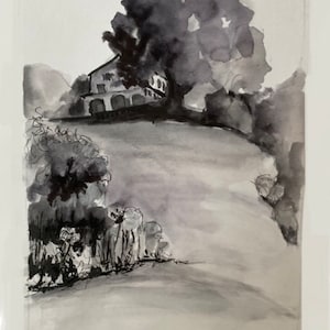 May include: A black and white watercolor painting of a landscape featuring a house on a hill, a large tree, and surrounding foliage. The artwork uses varying shades of gray to create depth and shadow, with a focus on the natural elements.