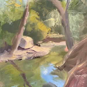 May include: Oil painting of a serene landscape featuring a body of water reflecting the sky and surrounding trees. The artwork uses a palette of greens, blues, and browns, with visible brushstrokes creating texture and depth. The scene evokes a sense of tranquility.
