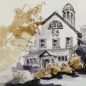 May include: Watercolor sketch of a building with a domed tower and arched window. The building is white with a dark roof and several windows. Surrounding the building are sketched trees and bushes, with brown and gray watercolor washes.