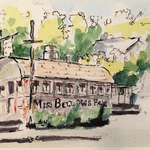 May include: Watercolor painting of a diner, "Miss Bellows Falls", with a sign and a cross-shaped structure on the roof. The diner is gray with red accents, surrounded by green foliage and trees. The sky is a light blue.