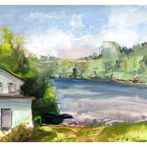 May include: An impressionistic painting of a landscape featuring a light blue house with a white roof and a body of water. The sky is a light blue with white clouds, and the surrounding area is green with trees and hills.